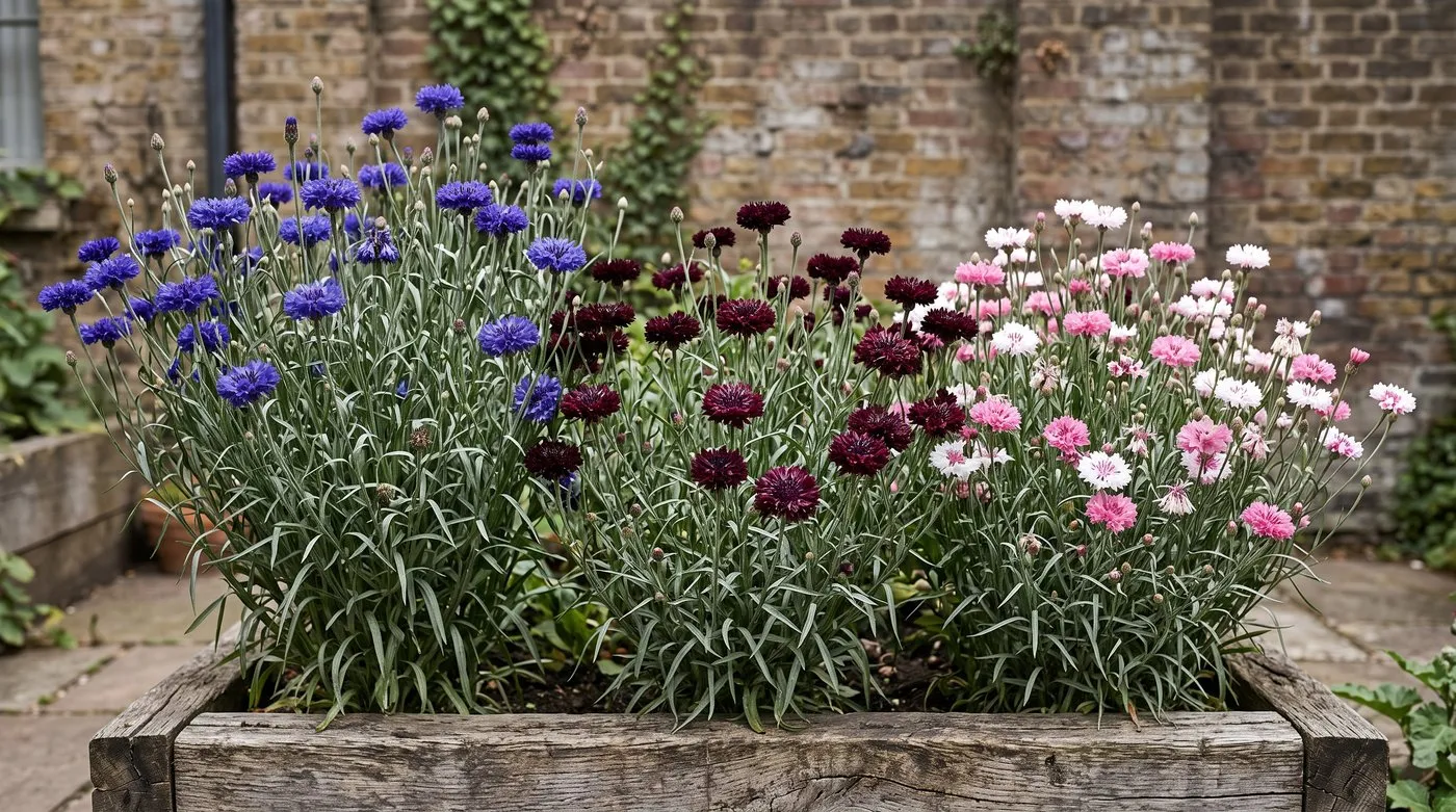 Blue, maroon-black and pink cornflower varieties growing side by side in a raised bed