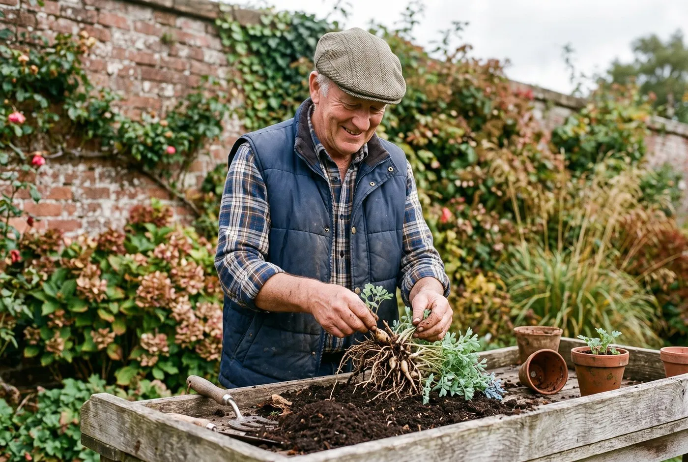 A white man in his 70s dividing a corydalis clump into rooted pieces on a wooden potting bench in a Scottish walled garden