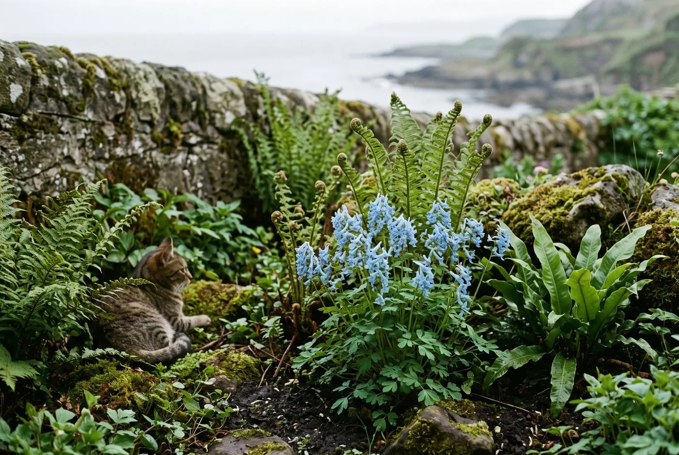 A tabby cat sitting in a cool, shady fern-filled border with blue corydalis in a Scottish seaside garden under soft light