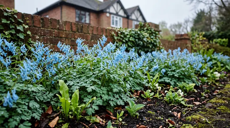 Electric-blue Corydalis flexuosa flowering in a cool damp woodland shade border in a UK garden