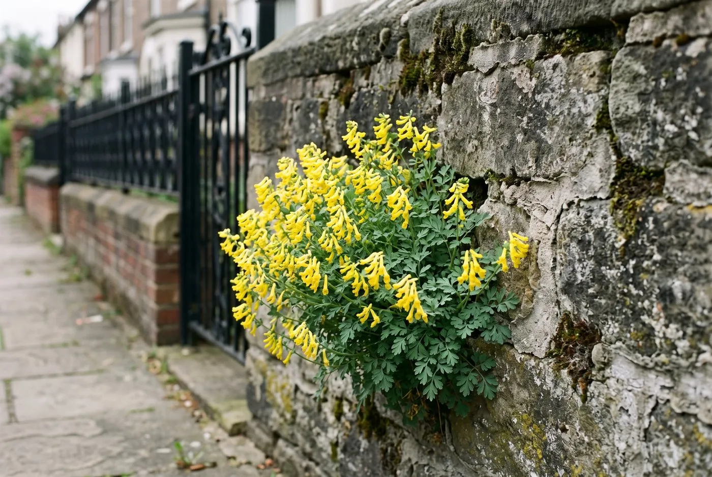 Yellow Corydalis lutea self-seeding and flowering in the crevices of an old stone wall in a UK front garden