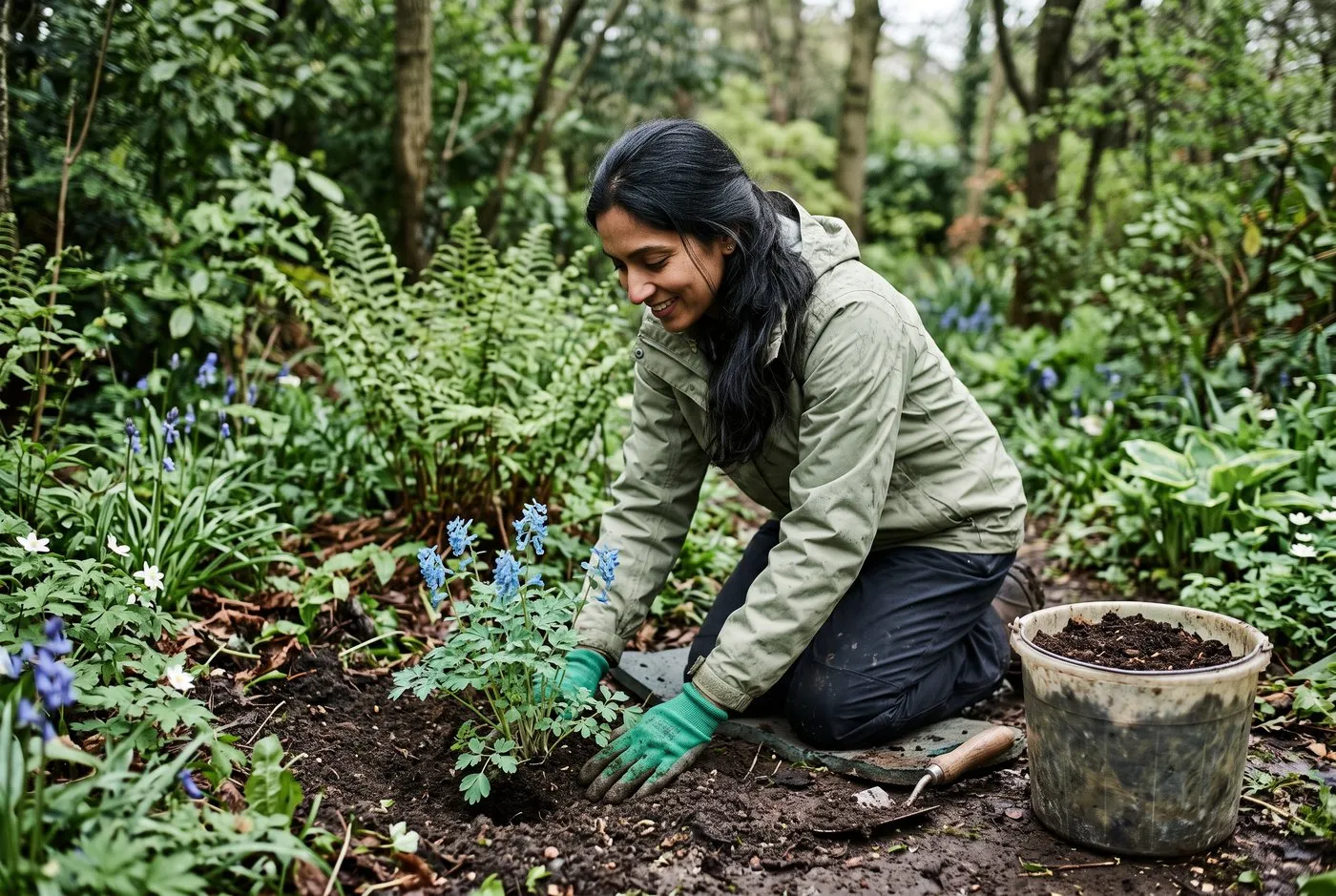 A British Indian woman in her 30s kneeling to plant blue corydalis with gloved hands in a shaded woodland border