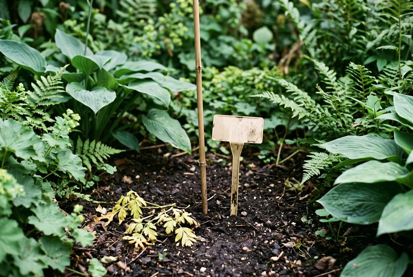 A bare patch of soil with a plant label marker where a summer-dormant corydalis has died back, in a suburban north-facing border