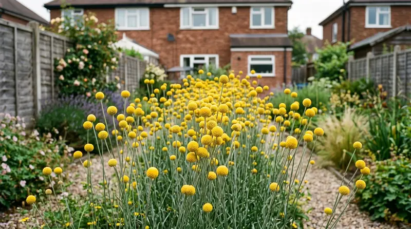 Golden spherical Craspedia billy buttons flowering on tall leafless stems in a sunny UK suburban garden border