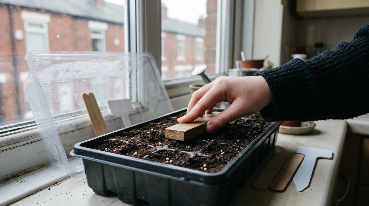 Hand pressing craspedia seed onto the surface of moist compost in a seed tray on a windowsill