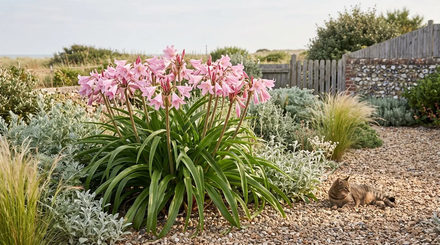 Pink crinum lilies flowering in a sunny gravel border with grasses, a tabby cat resting on the path