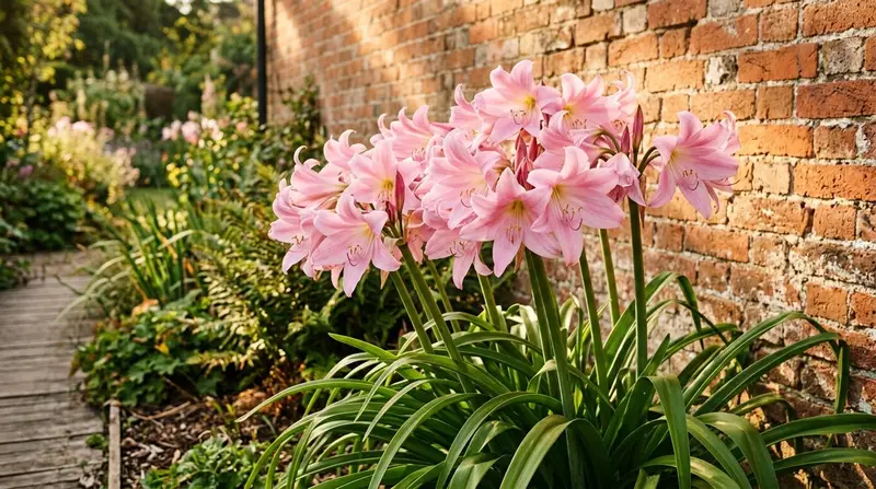 Huge pink Crinum x powellii trumpets flowering against a warm red brick wall in a Sussex garden