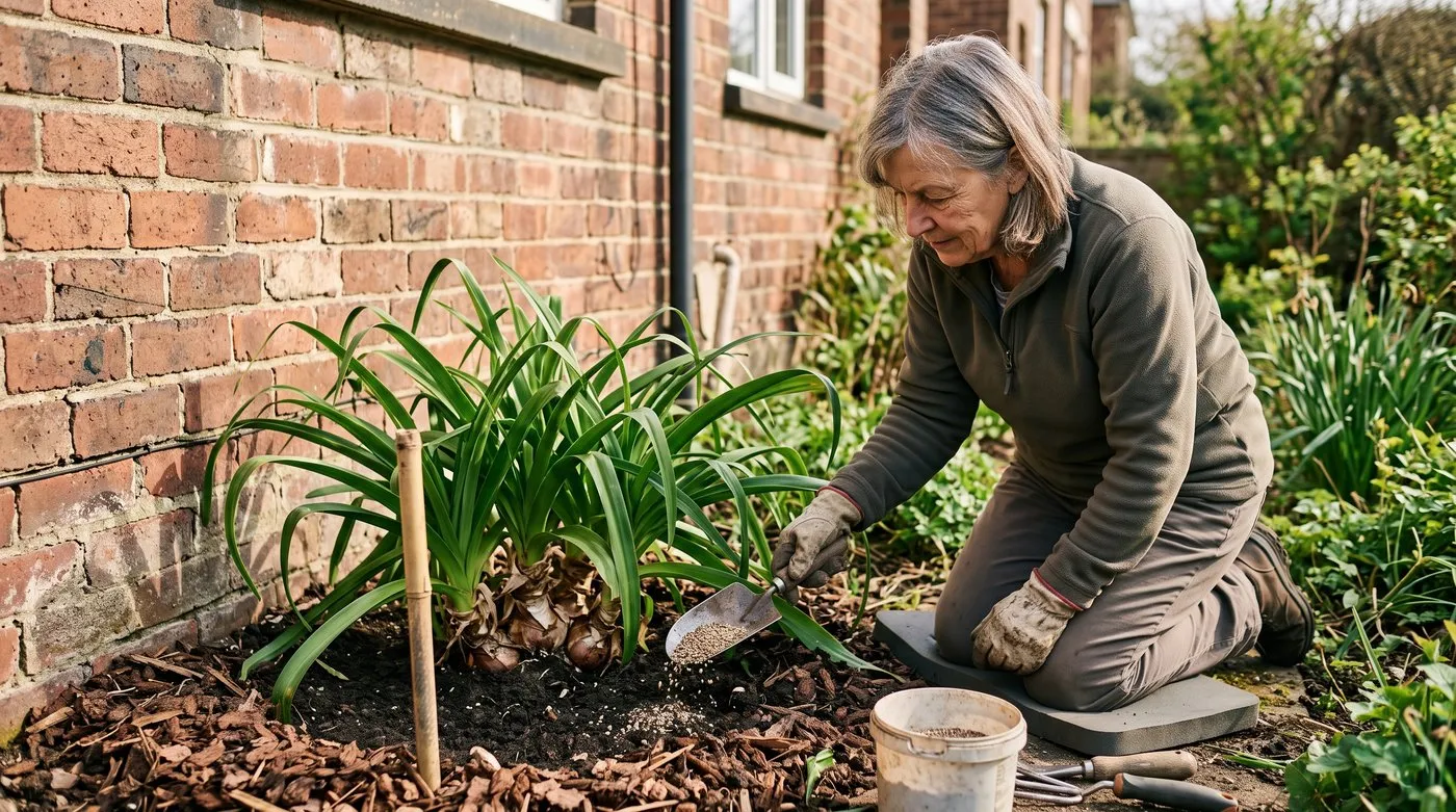 Gardener sprinkling sulphate of potash around a crinum clump at the foot of a sunny brick wall in spring