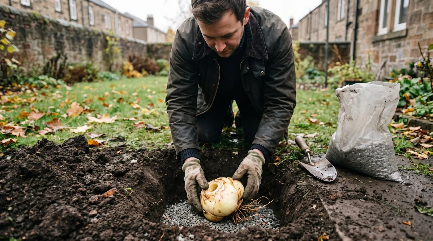 Gardener laying a crown imperial bulb on its side on grit in a deep planting hole in autumn
