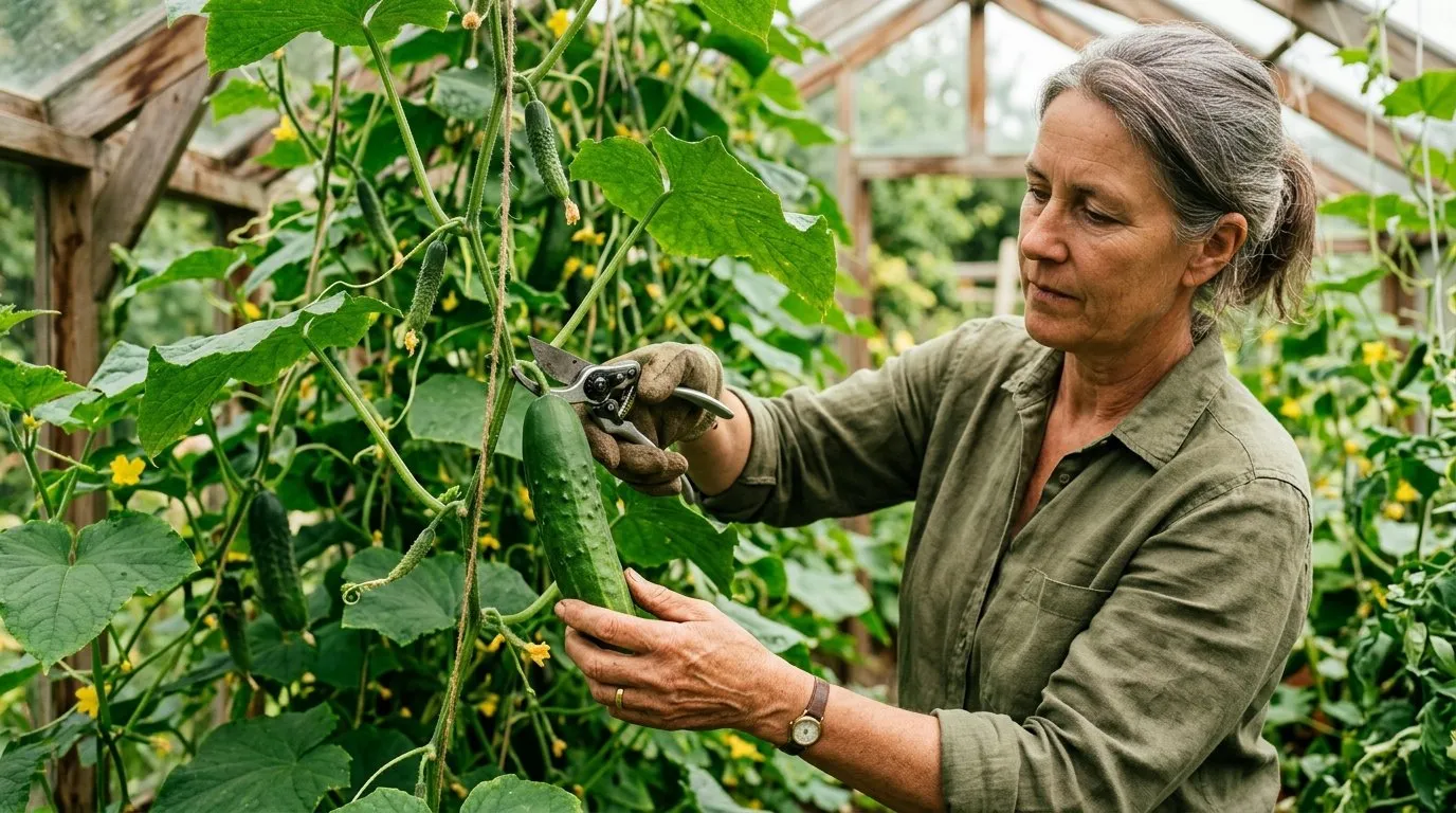 A gardener cutting a mature cucumber from a greenhouse-trained plant