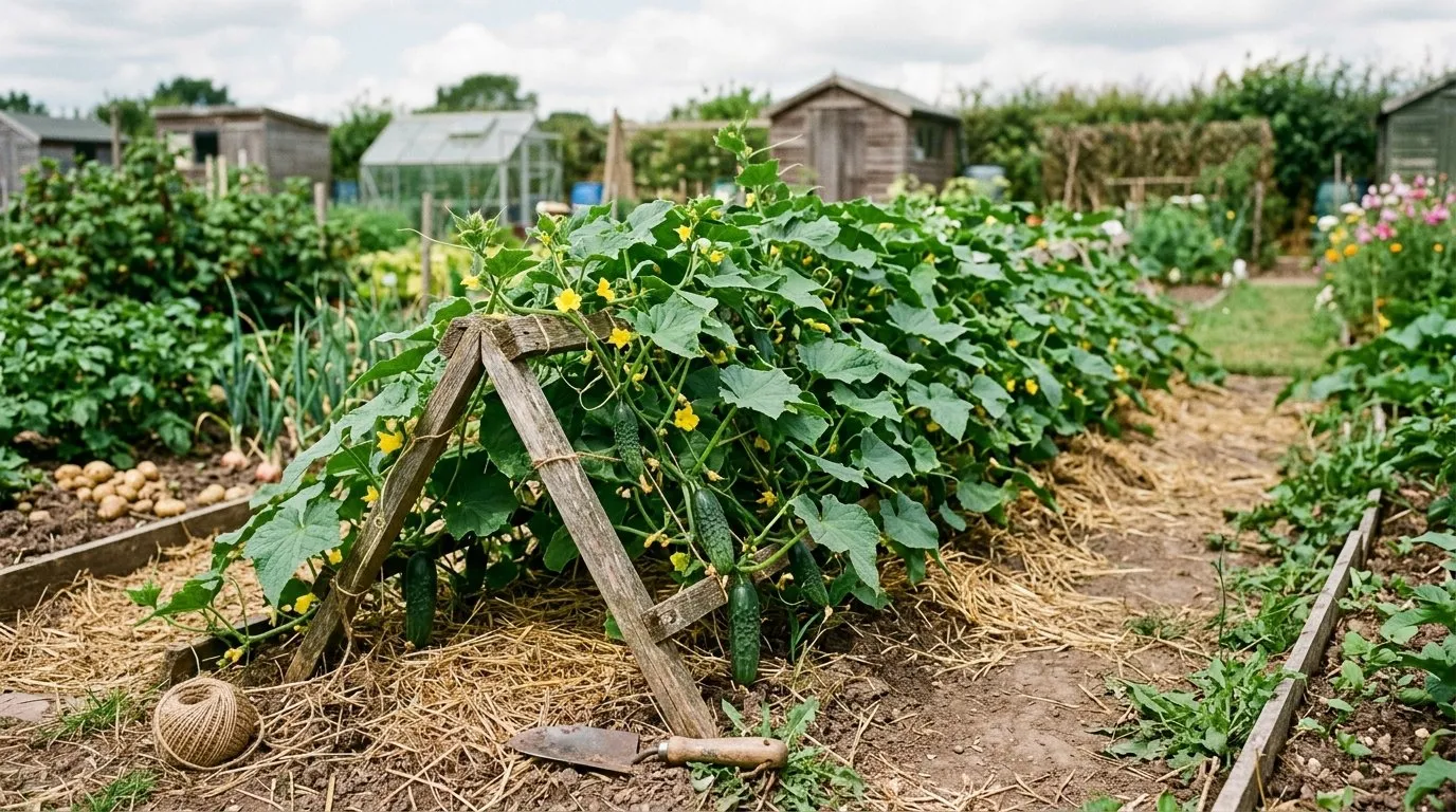 Outdoor ridge cucumbers growing over a low wooden support on a UK allotment