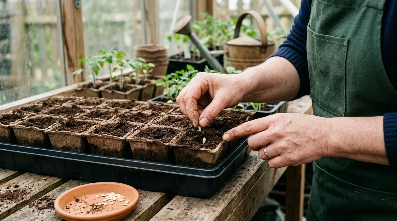 Cucumber seeds being sown individually into small pots in a greenhouse