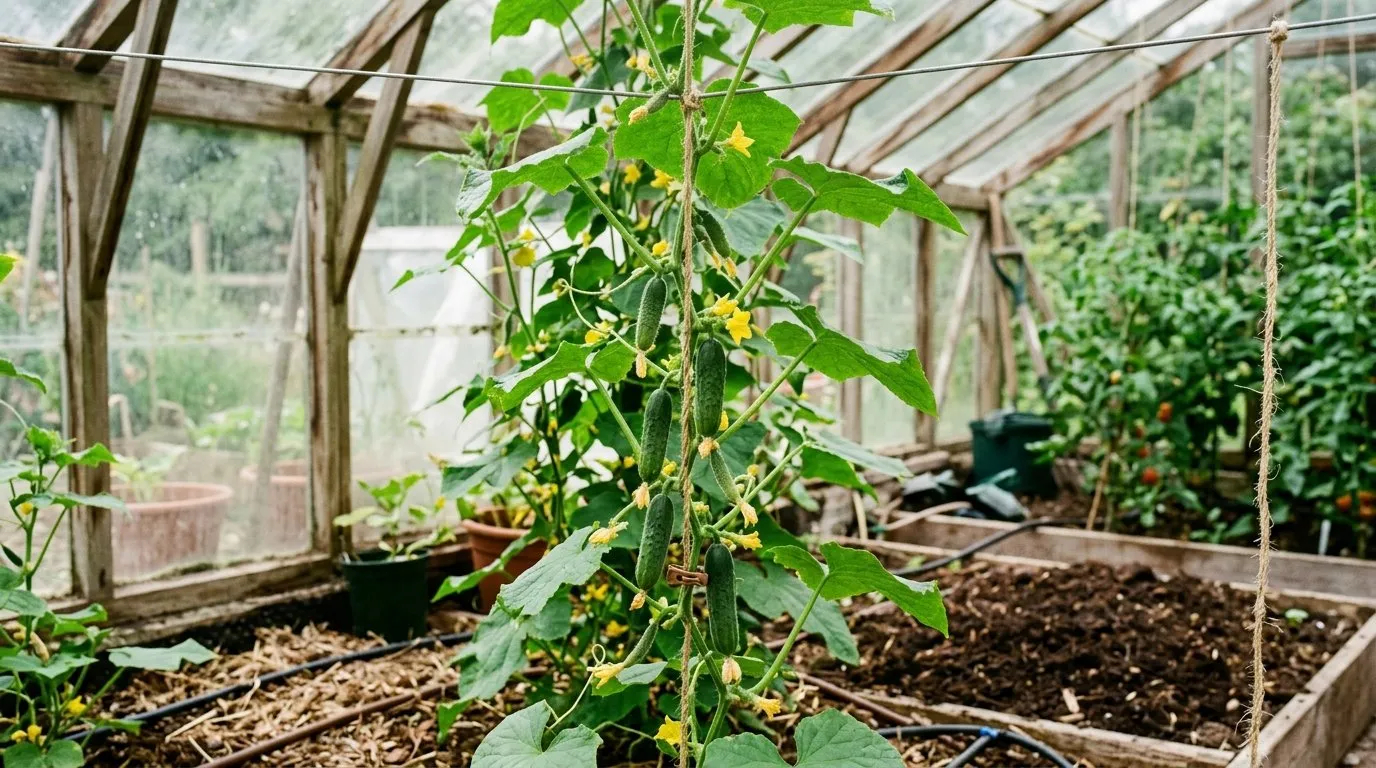 Greenhouse cucumber plants trained vertically on strings with developing fruit