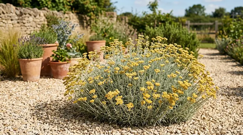 Silver mound of curry plant Helichrysum italicum with yellow flowers in a gravel garden in Essex