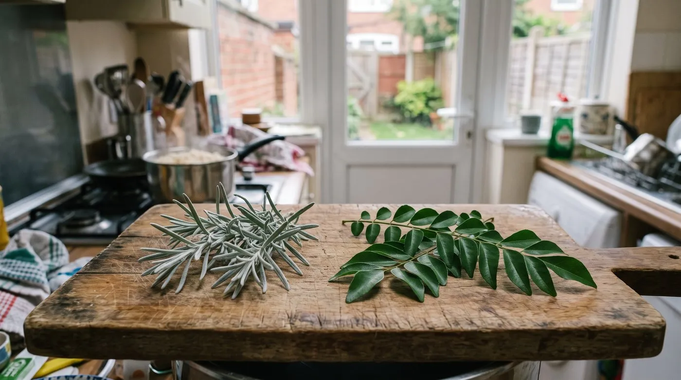 Silver needle-leaved curry plant sprig beside a glossy green curry leaf sprig on a chopping board