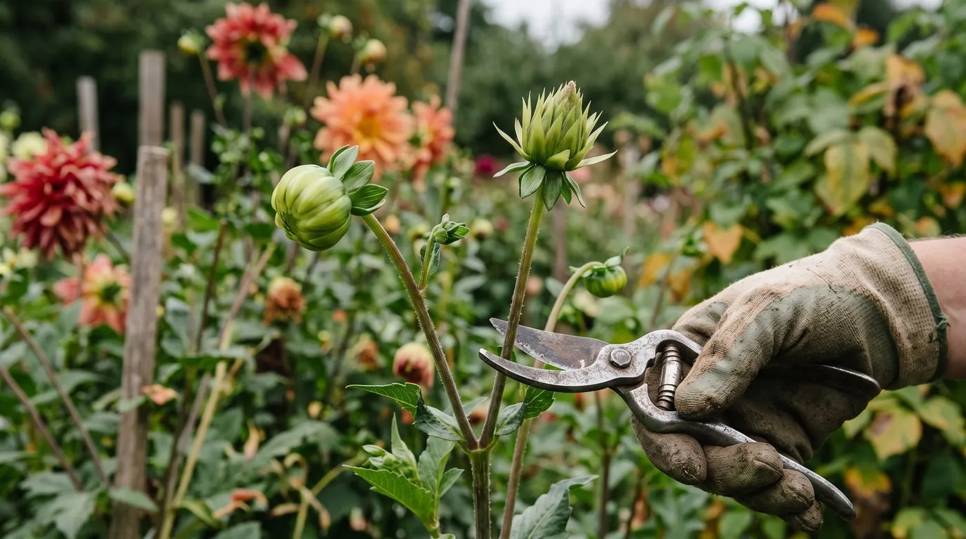Round dahlia flower bud next to a cone-shaped spent flower head ready for deadheading