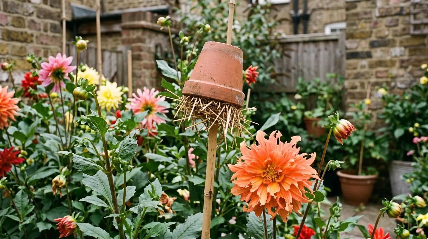 Straw-filled upturned flowerpot trap on a cane among dahlias in a courtyard garden