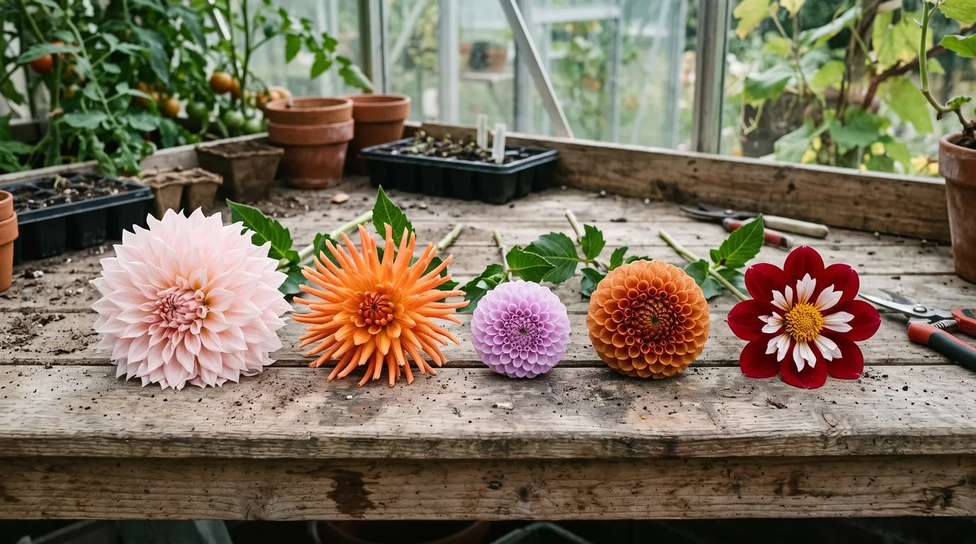 Decorative, cactus, pompon, ball and collerette dahlia flowers laid side by side on a bench