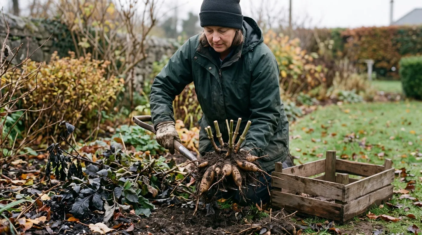 Gardener lifting a clump of dahlia tubers with a fork after frost blackened the leaves