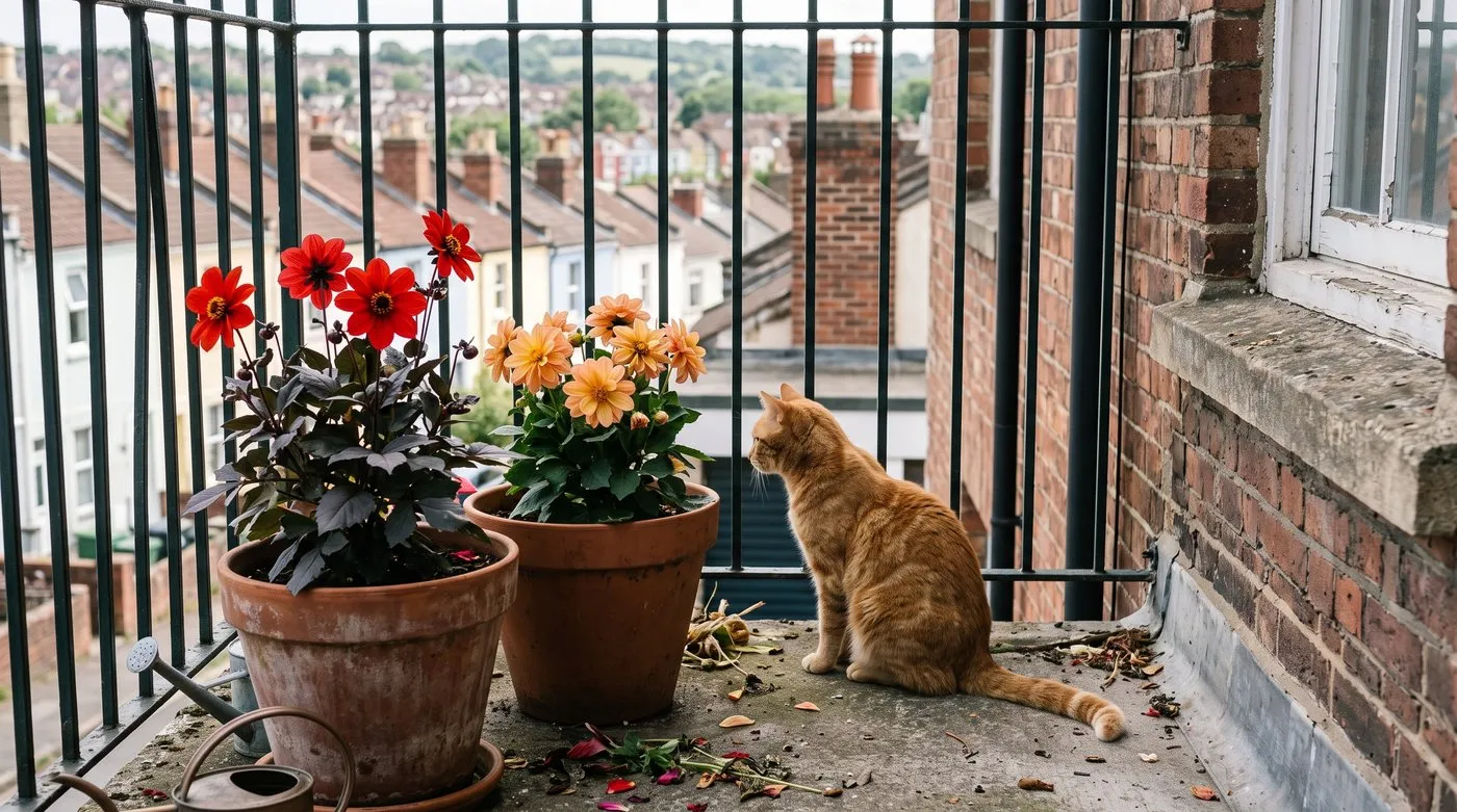 A scarlet dark-leaved dahlia and a peach dahlia in terracotta pots on a sunny balcony with a ginger cat sitting nearby