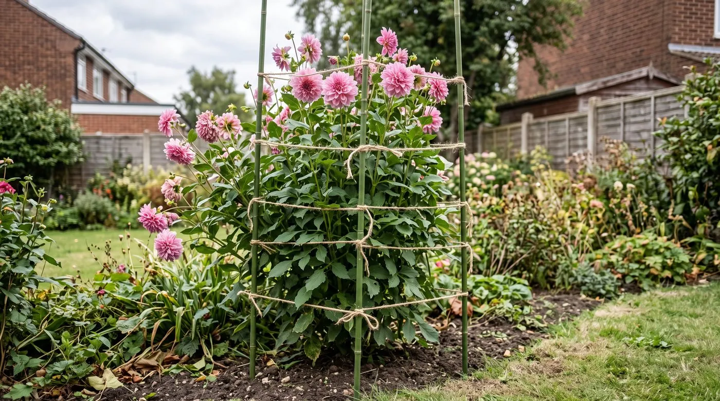 Tall pink dahlia supported by a cage of three bamboo canes and garden twine in a border