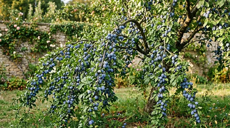 UK damson tree heavy with ripe dark-blue Shropshire Prune fruit and pale bloom