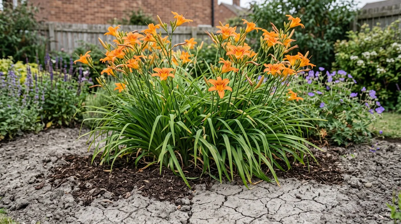 Clump of orange daylilies flowering well in a border of cracked heavy clay soil