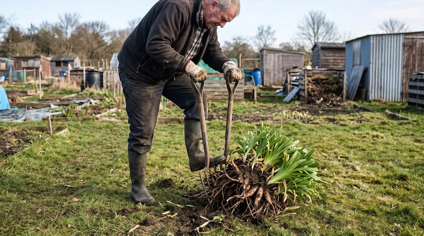 Gardener prising a daylily clump apart with two forks back to back