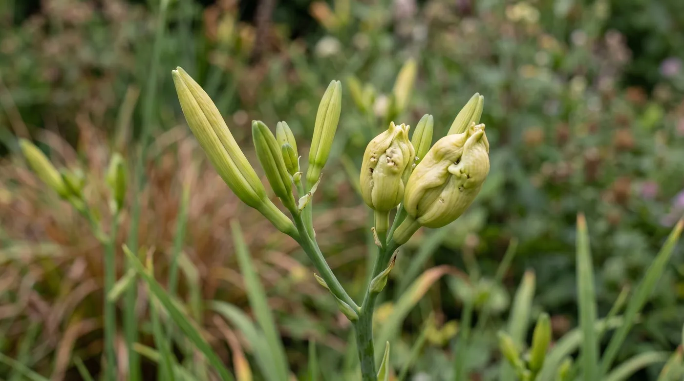 Daylily stem with normal slim buds next to swollen, distorted buds damaged by gall midge