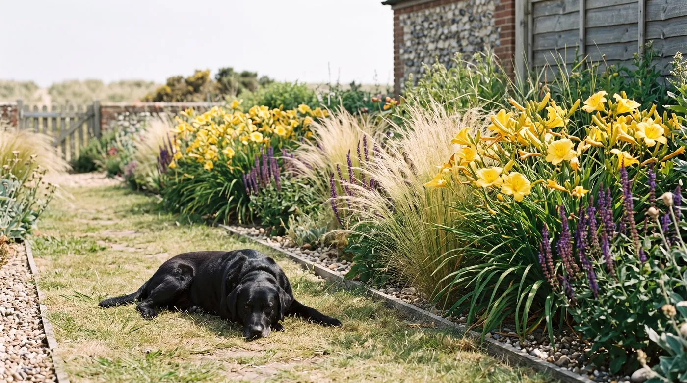 Golden daylilies with feathery grasses and purple salvias in a sunny border, a labrador on the path