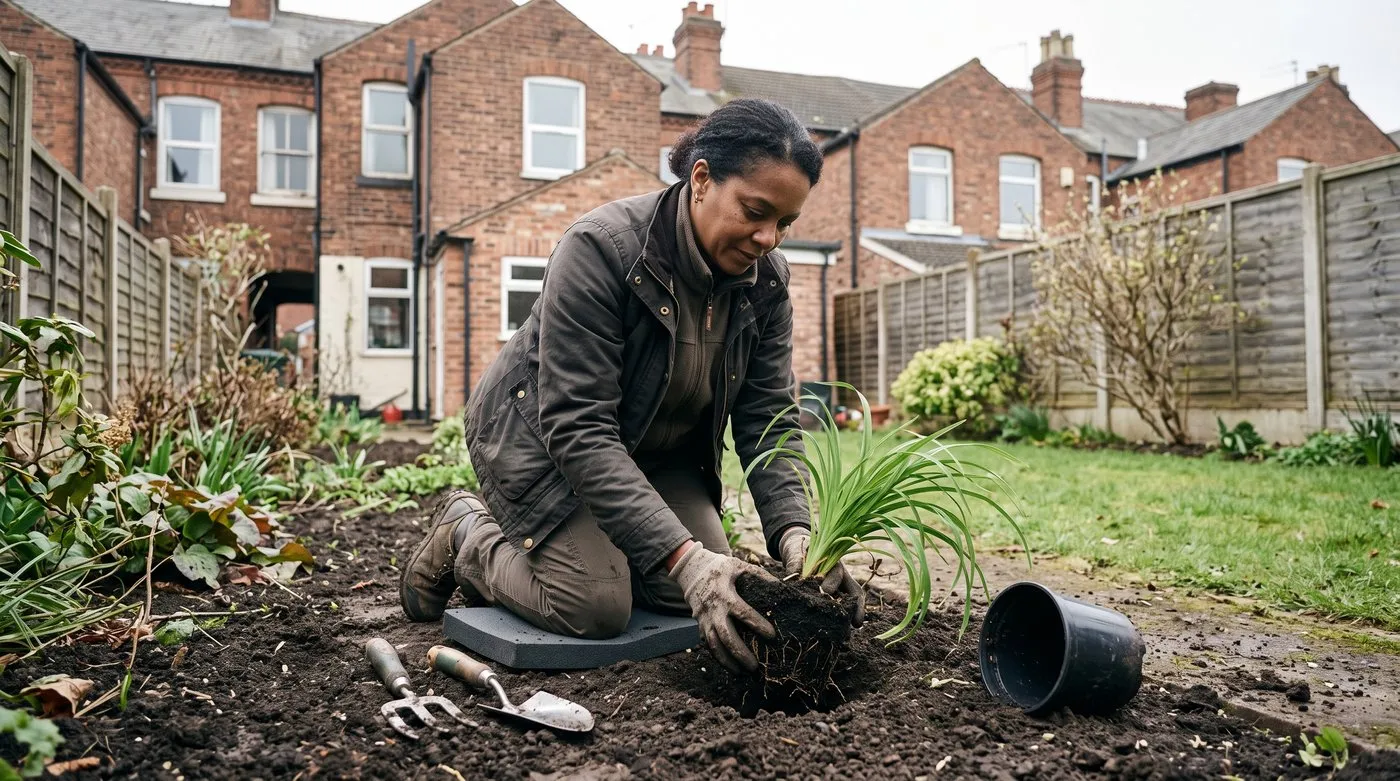 Gardener setting a young daylily into a planting hole with its crown level with the soil