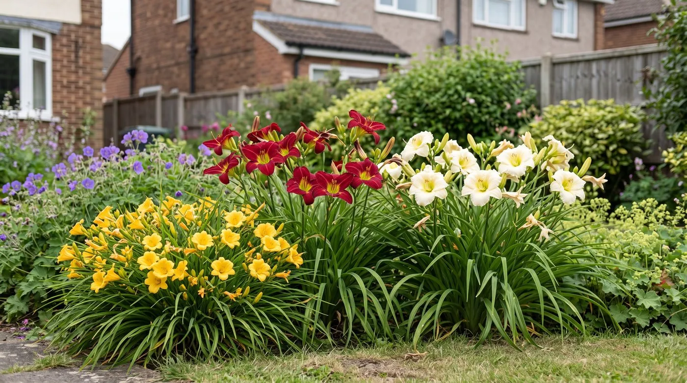 Golden, cranberry-red and near-white daylilies flowering together above grassy leaves
