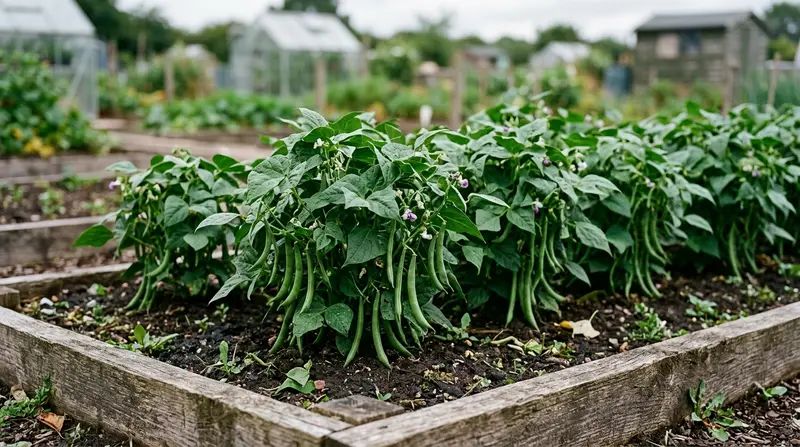 A row of dwarf French beans growing low in a Midlands allotment raised bed with green pods and no canes