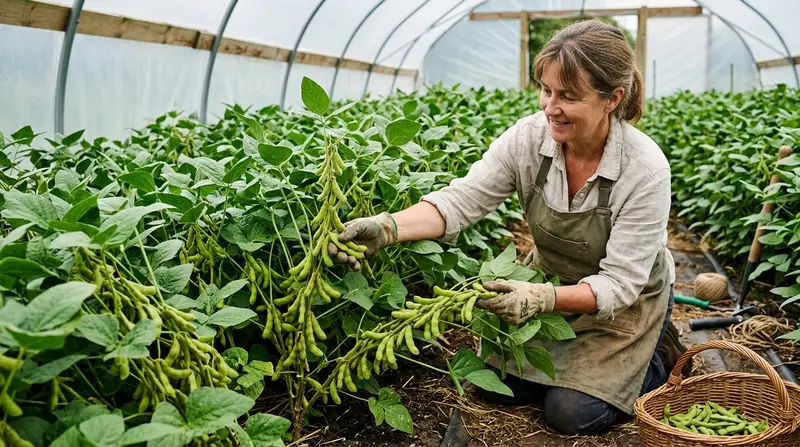 Edamame soybean plants growing in a UK polytunnel in late July with fuzzy green pods clustered along the stems