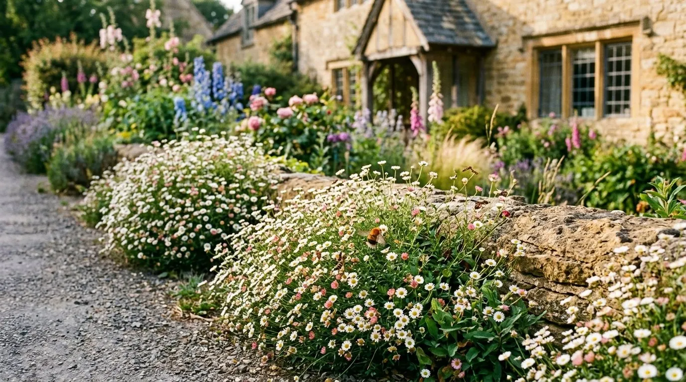 Erigeron foaming along the base of a Cotswold honey-stone cottage wall beside a gravel path with a bumblebee visiting
