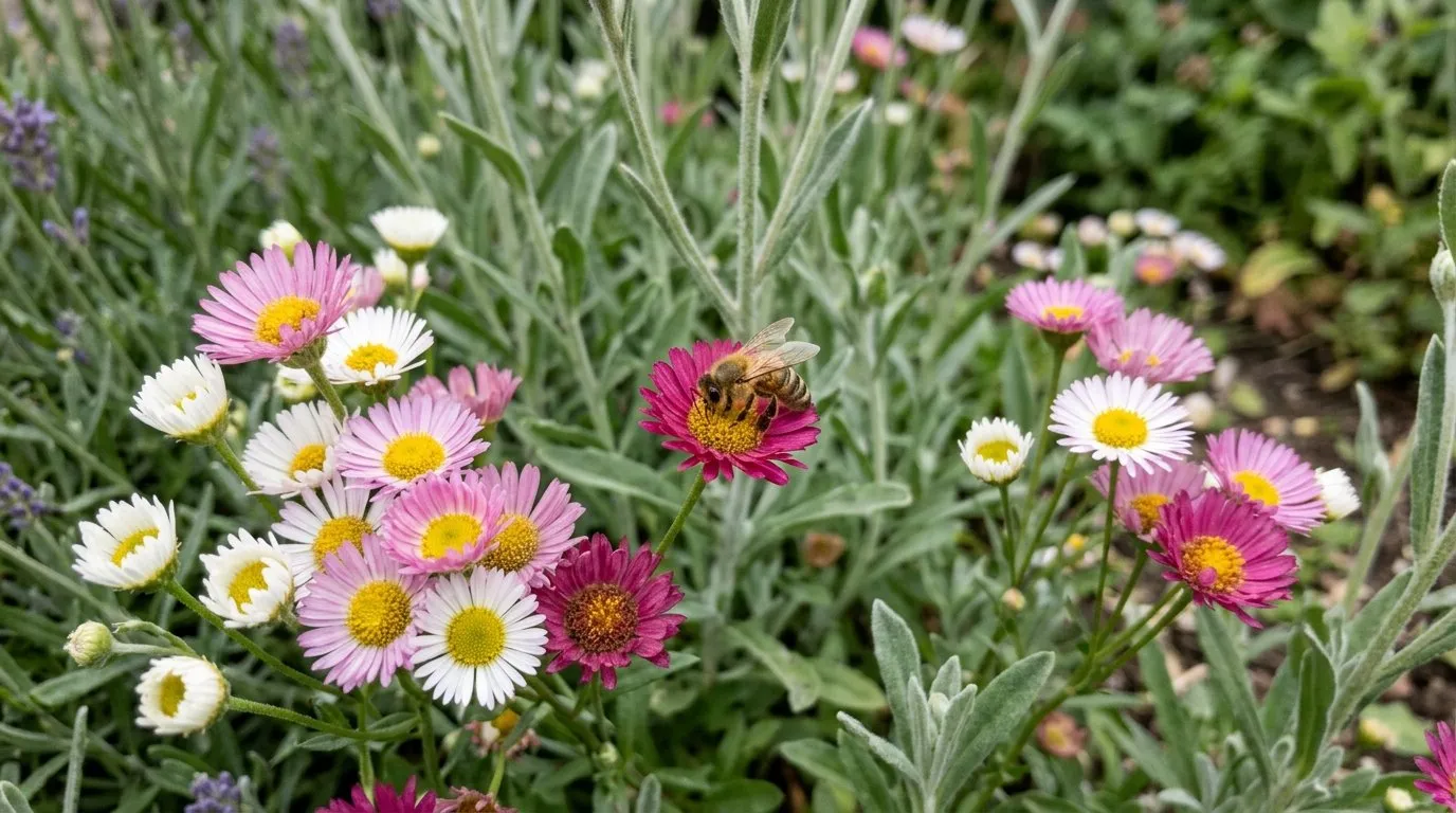 Close-up of Erigeron karvinskianus flowers showing white, pink and magenta daisies with a honeybee feeding