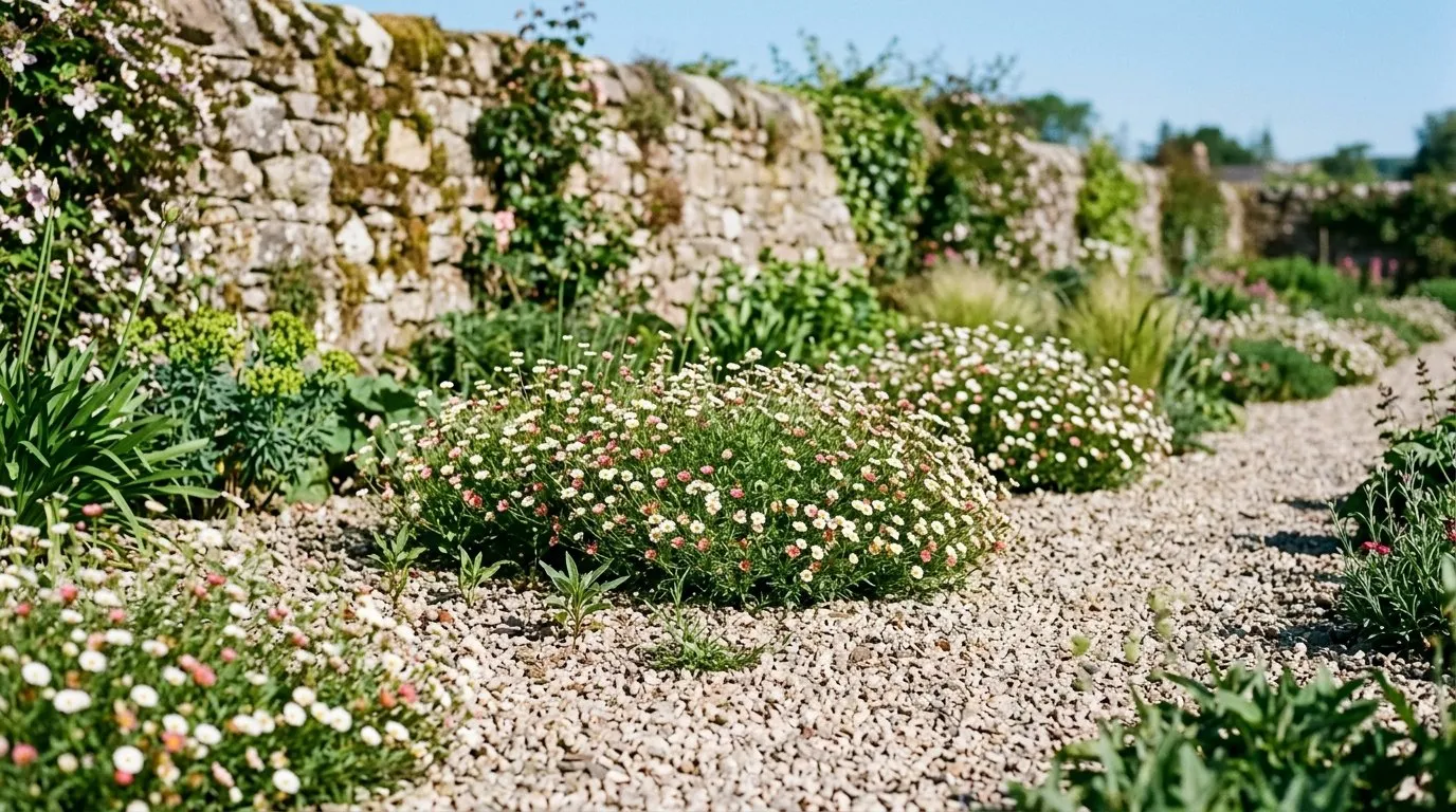 Young Erigeron seedlings and established clumps scattered across pale gravel in a sunny Scottish walled garden
