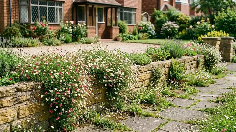 Erigeron karvinskianus Mexican fleabane foaming from a stone wall base and paving cracks in a UK front garden