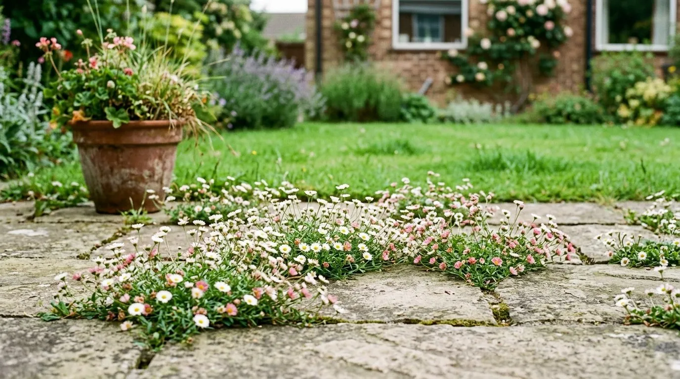 Erigeron self-seeded into the joints of sandstone patio paving in a Yorkshire suburban garden softening the grey stone