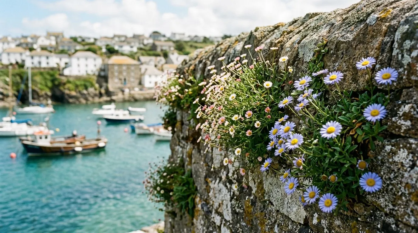Erigeron and blue Erigeron glaucus seaside daisy growing from a stone harbour wall in a Cornish fishing village