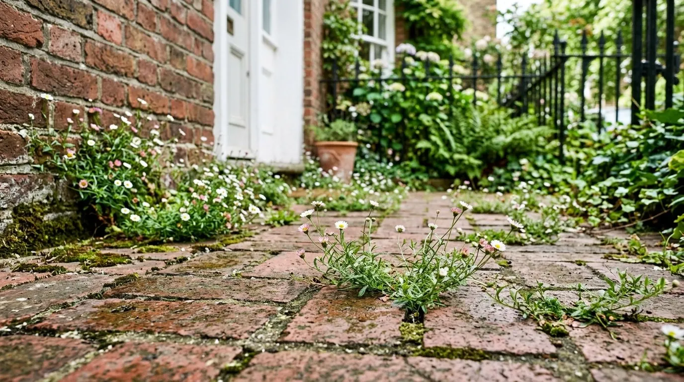 Erigeron seedlings colonising the cracks of a red-brick path and wall base behind a London Victorian townhouse