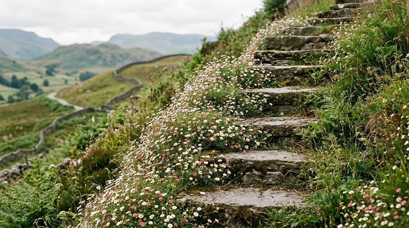 Erigeron spilling over weathered stone garden steps on a Lake District hillside softening each tread with daisies