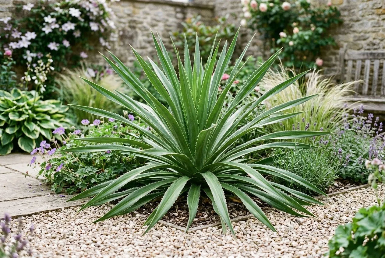 An evergreen rosette of Eryngium agavifolium with long spiny sword-shaped leaves in a gravel garden
