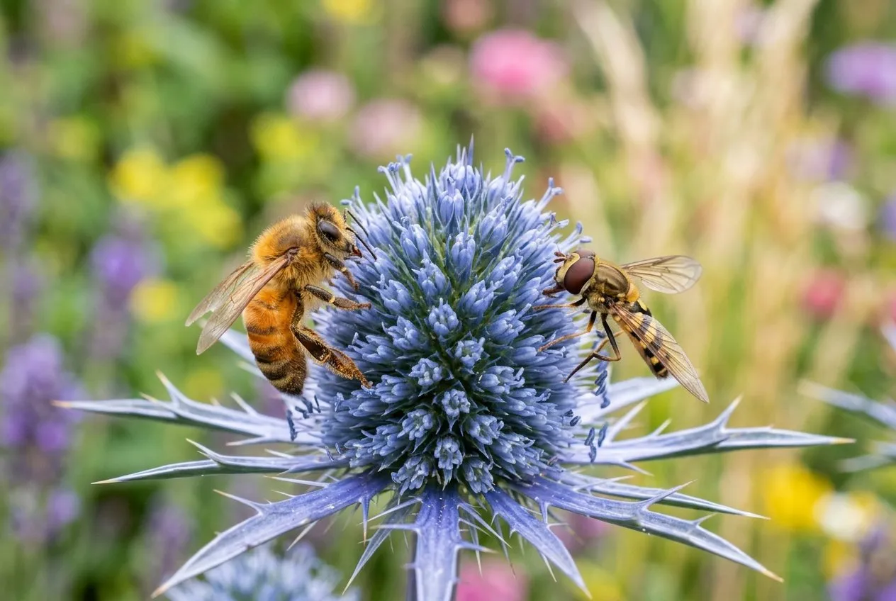 A honeybee and a hoverfly feeding on the steel-blue domed flower head of a sea holly