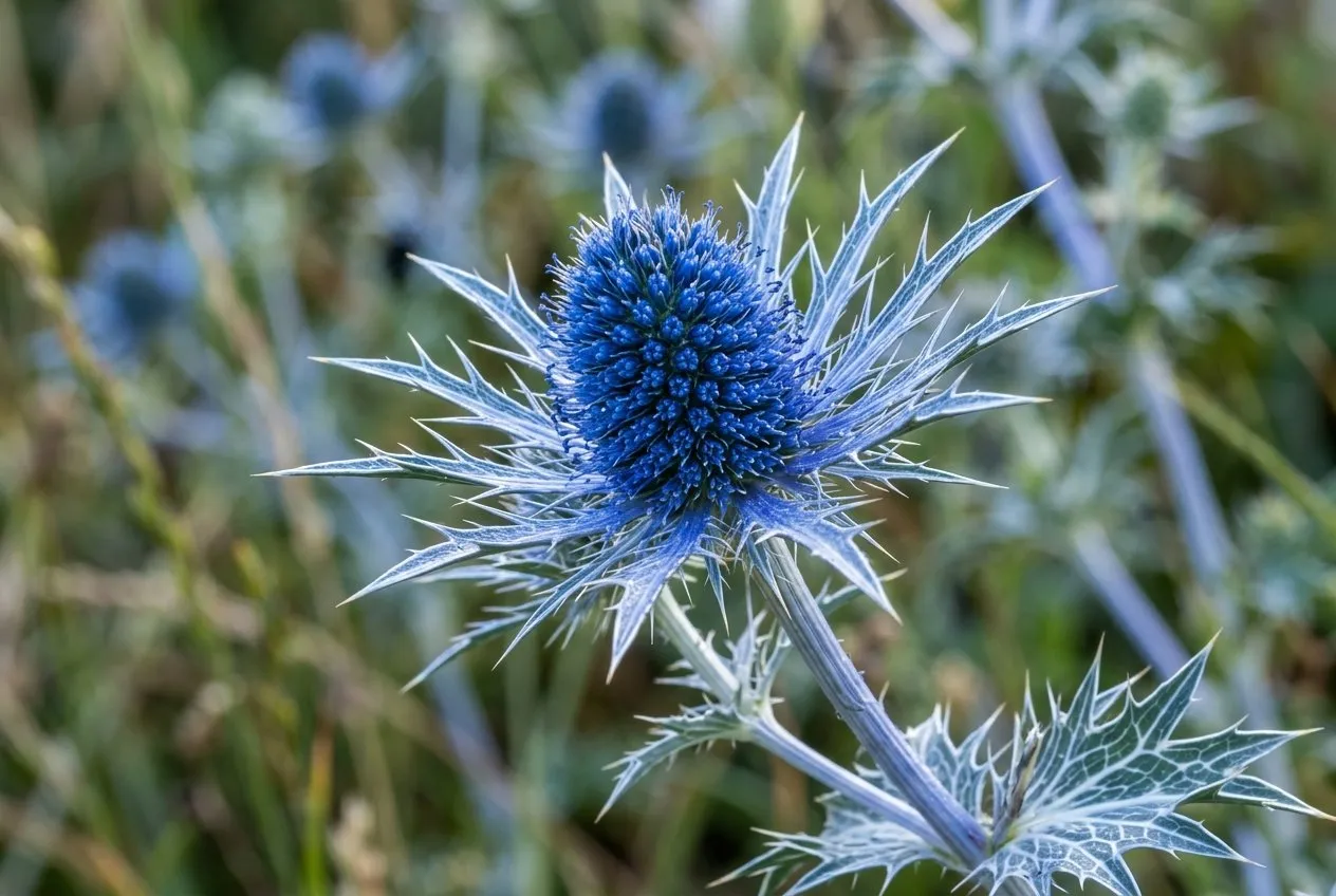 Close-up of Eryngium bourgatii Picos Blue, an electric metallic-blue flower head ringed by spiny silver-blue bracts