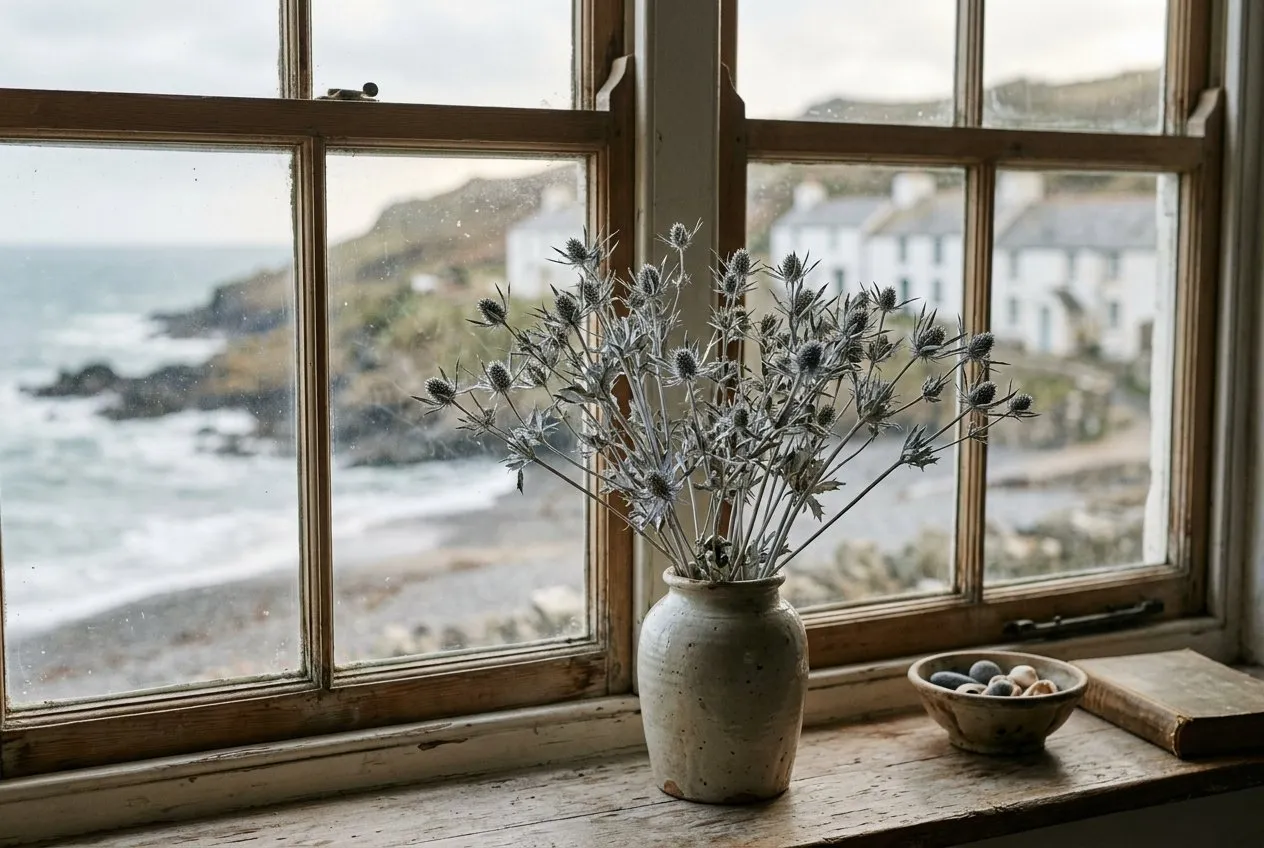Dried silvery-blue sea holly stems in a rustic vase, an everlasting arrangement on a windowsill