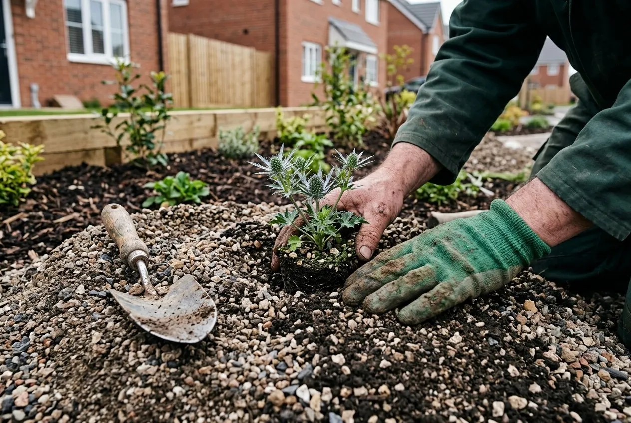 Hands planting a young pot-grown sea holly onto a raised mound of grit and topsoil in a UK border