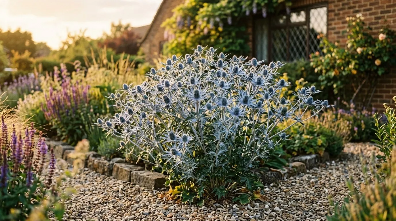 A clump of steel-blue sea holly Eryngium flowering in a sunny UK gravel garden