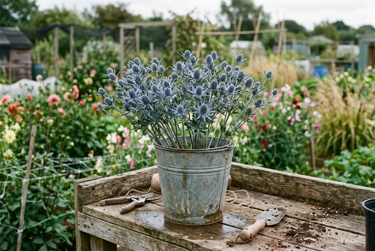 Freshly cut blue Eryngium planum sea holly stems standing in a galvanised bucket on an allotment bench