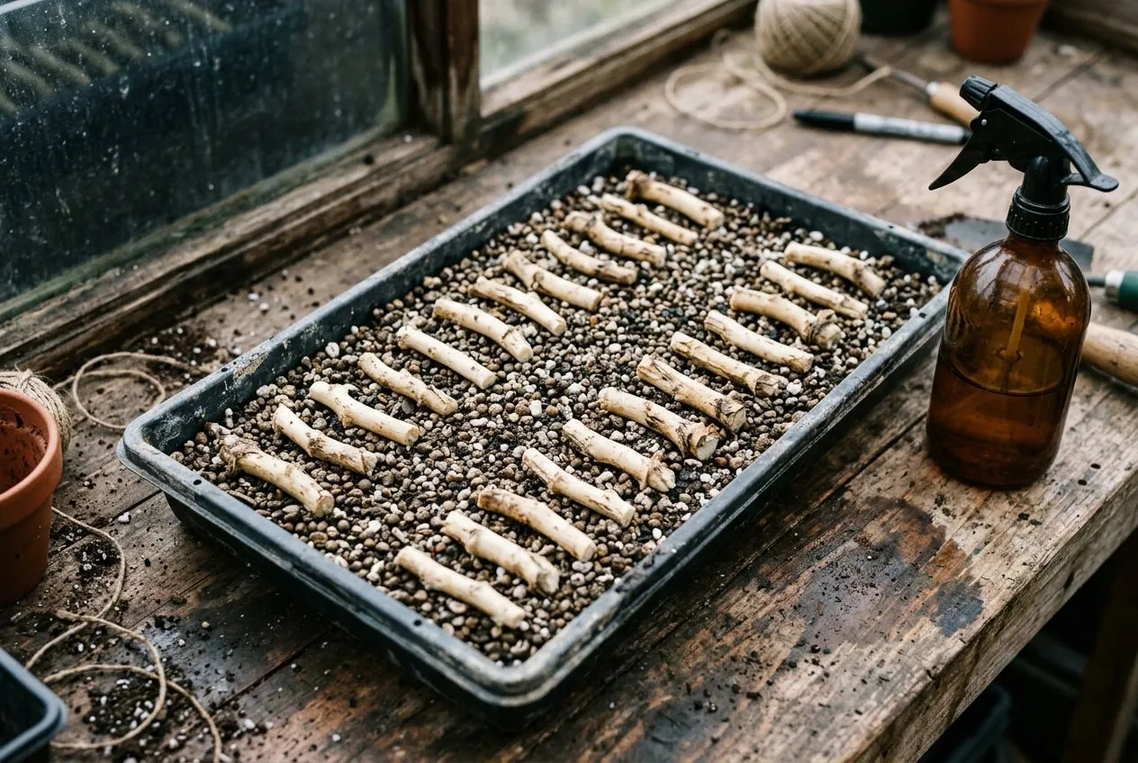 Sea holly root cuttings, short sections of pale tap root laid in a seed tray of gritty compost